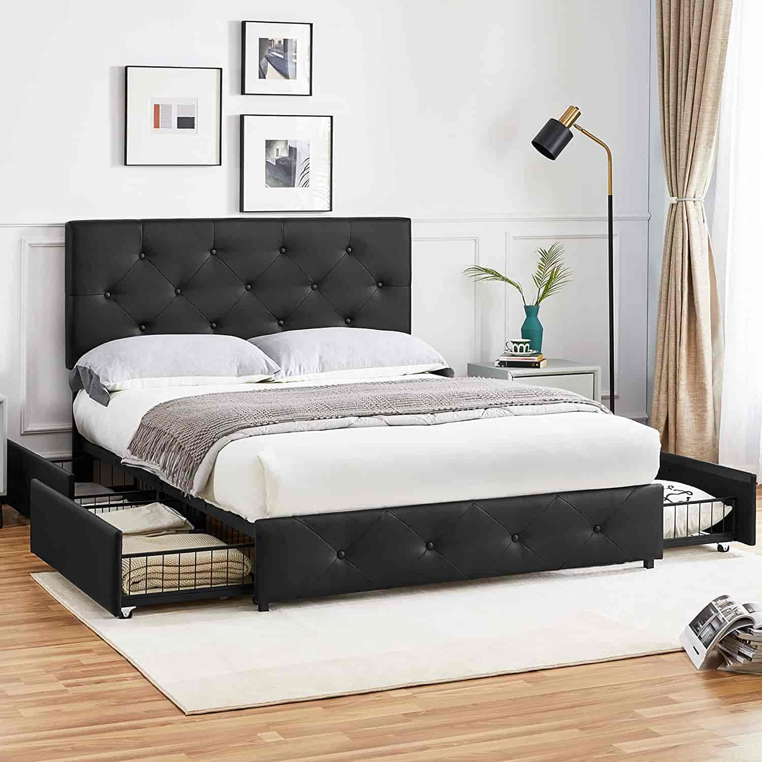 Best Upholstered Platform Bed Frame with Height Adjustable Headboard and 4 Storage Drawers