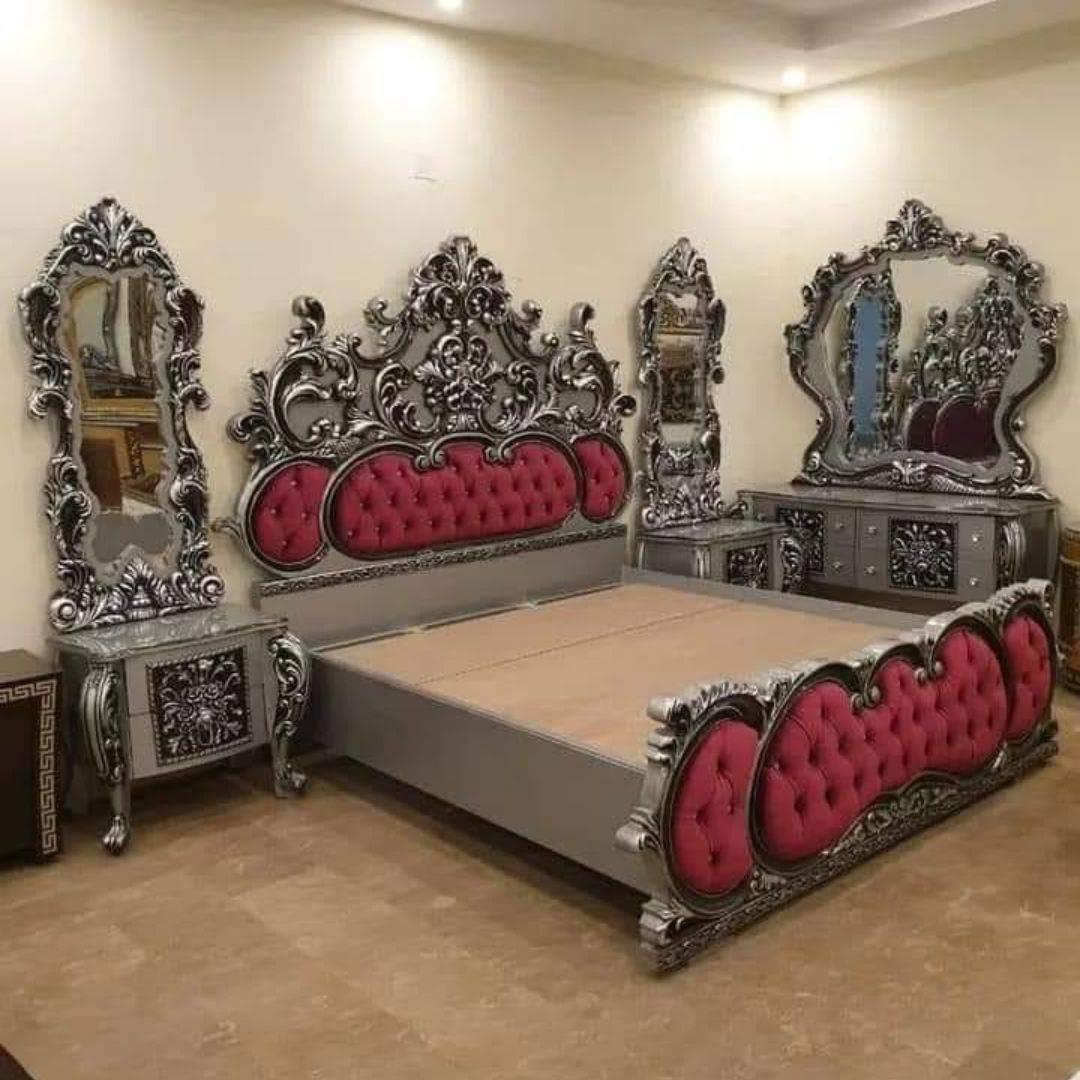 Chiniot Wooden Hand Carved Bed Set – Handcrafted Sheesham Wood King Size Bedroom Suite with Matching Nightstands