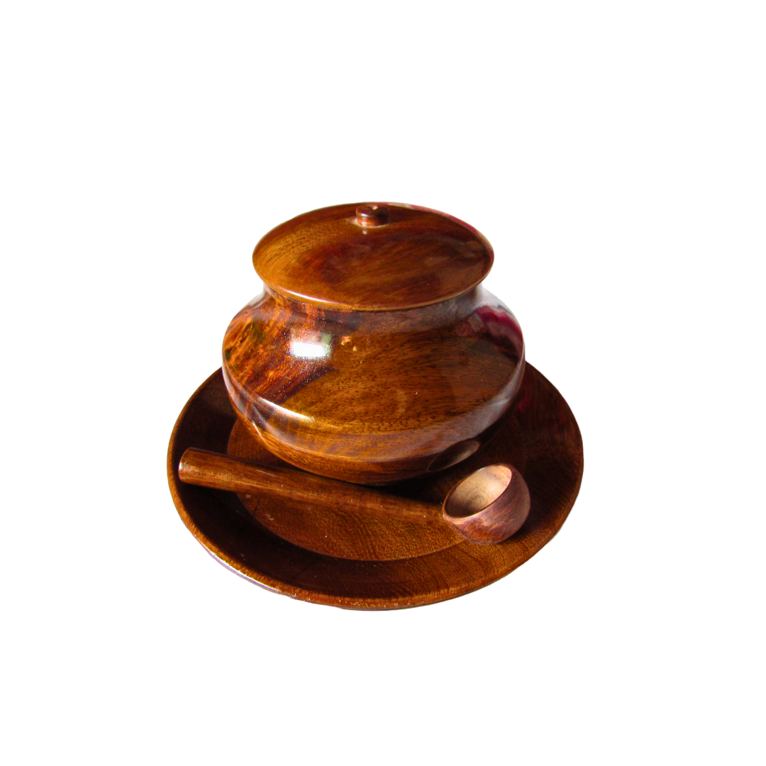 Elegant 6×8 Inch Natural Wood Sugar Pot with Wooden Spoon for Tea and Coffee Serving